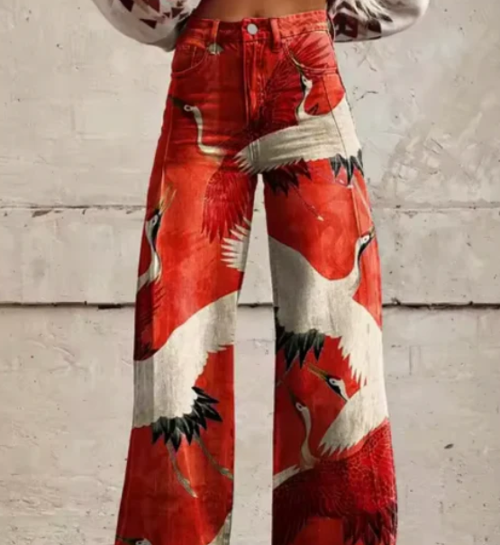 Women's Colourful Printed Summer Trousers – Relaxed Wide Leg Pants