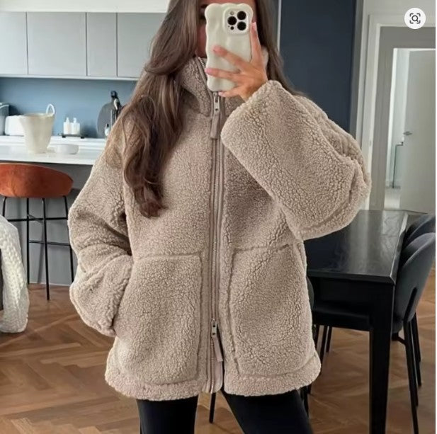 Women's Oversized Stand Collar Jacket – Zip-Up Cold Weather Winter Jacket