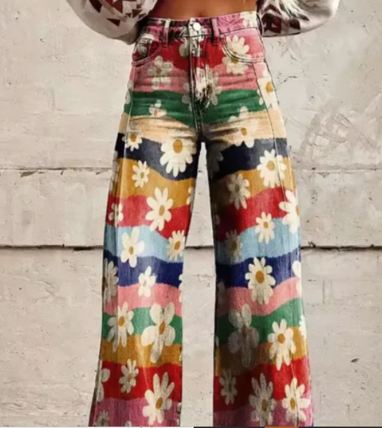 Women's Colourful Printed Summer Trousers – Relaxed Wide Leg Pants