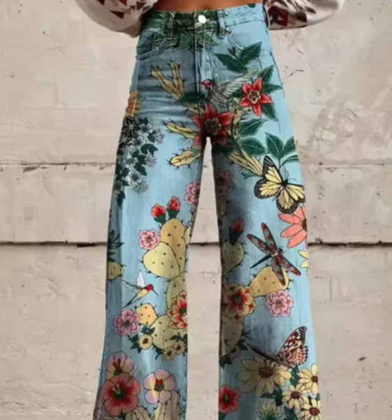 Women's Colourful Printed Summer Trousers – Relaxed Wide Leg Pants