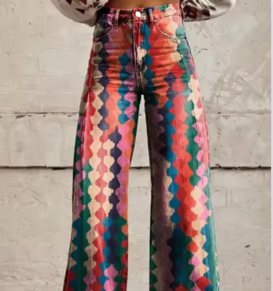 Women's Colourful Printed Summer Trousers – Relaxed Wide Leg Pants