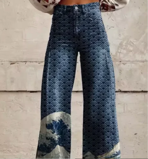 Women's Colourful Printed Summer Trousers – Relaxed Wide Leg Pants