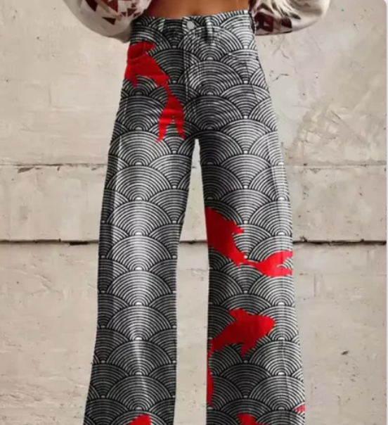 Women's Colourful Printed Summer Trousers – Relaxed Wide Leg Pants
