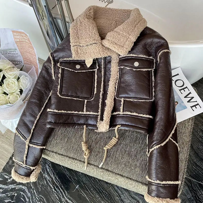 Women's Faux Leather Moto Coat – Plush Collar Winter Jacket