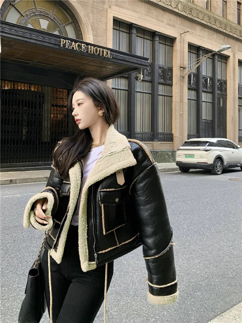 Women's Faux Leather Moto Coat – Plush Collar Winter Jacket