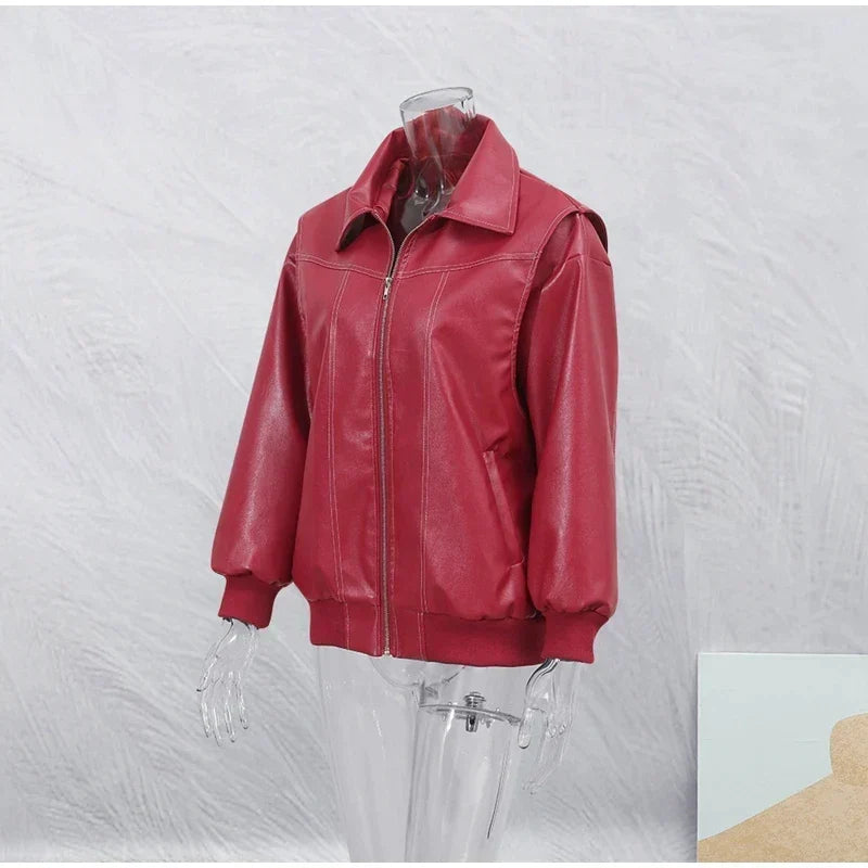 Women's Cropped Faux Leather Jacket – Patchwork Zip-Up Winter Jacket