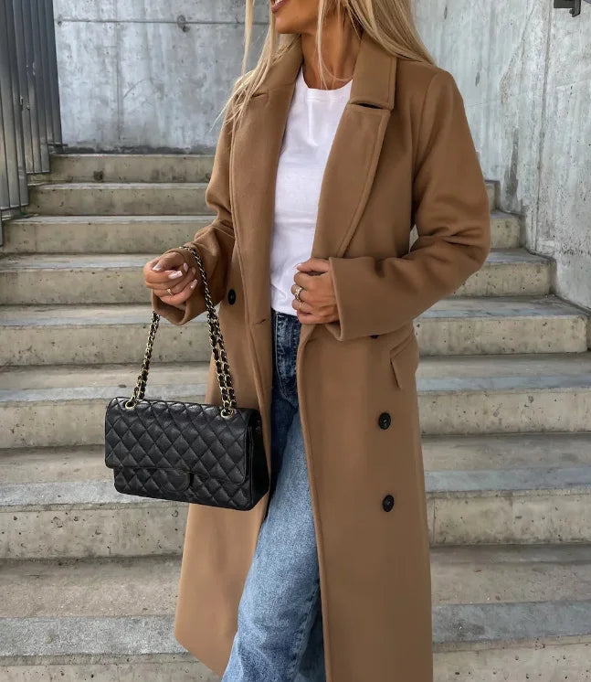 Women's Long Lapel Coat – Tailored Button Front Overcoat