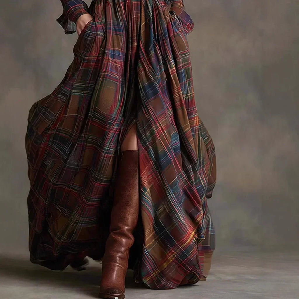 Women's Plaid Button Maxi Dress – Long Pocket Shirt Dress
