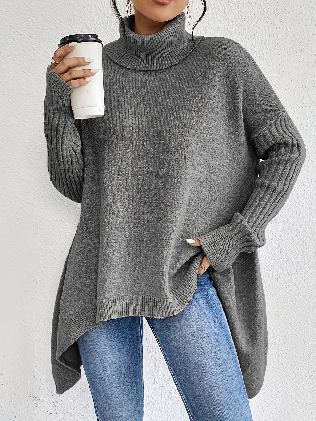Women's Oversized High Neck Sweater – Relaxed Long Sleeve Winter Sweater