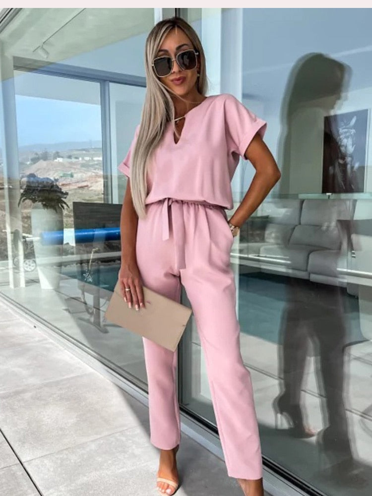 Women's Tie Waist Wide Leg Jumpsuit – Short Sleeve Round Neck Jumpsuit