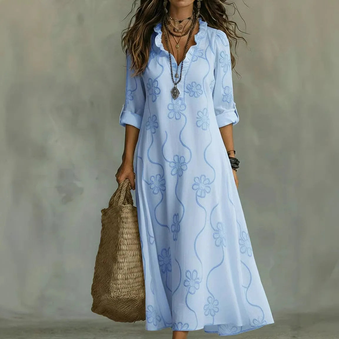Women's Floral Shirt Dress – Roll Sleeve Relaxed Day Dress