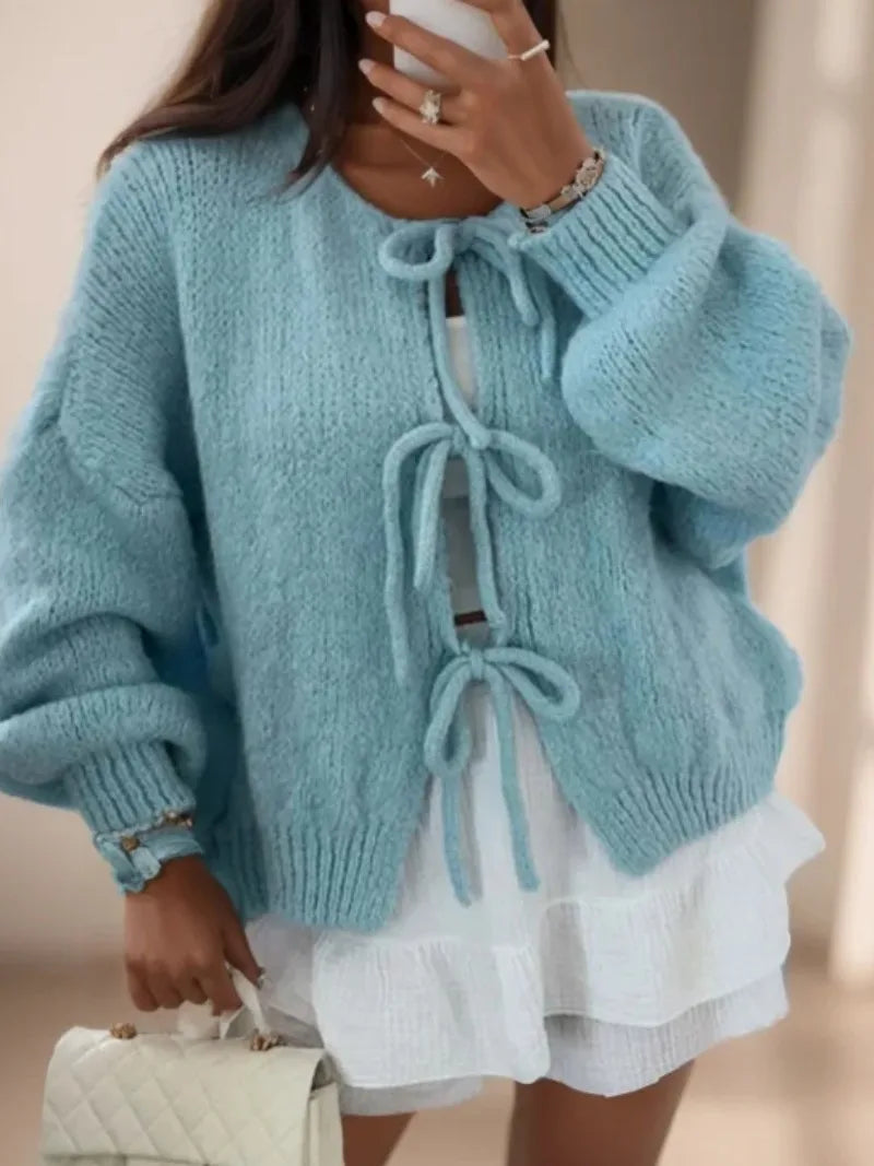 Women's Boho Bow Front Cardigan – Wide Sleeve Tie Cardigan