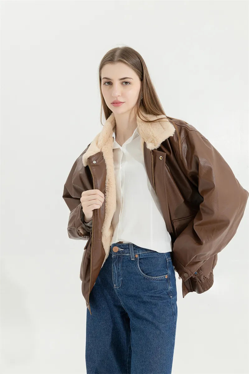 Women's Fleece Lined Faux Leather Jacket – Oversized Winter Jacket