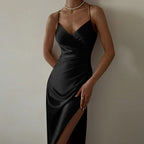 Women's V-Neck Draped Evening Dress – Fitted Side Slit Maxi Dress