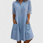 Women's Denim Look Shirt Dress – Long Sleeve Button Front Dress