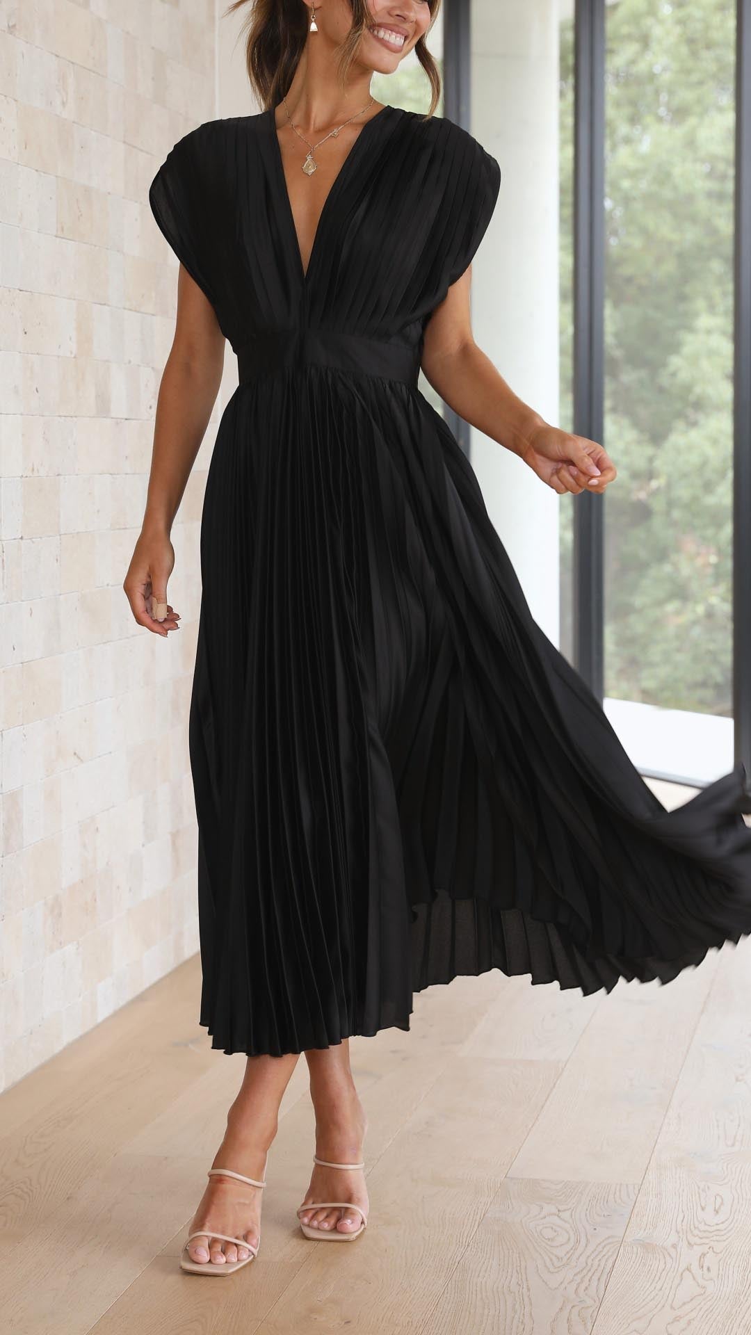 Women's Flowing Pleated Maxi Dress – Sleeveless Formal Occasion Dress