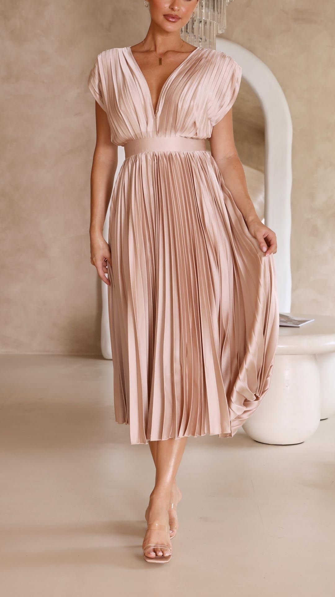 Women's Flowing Pleated Maxi Dress – Sleeveless Formal Occasion Dress