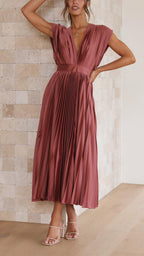 Women's Flowing Pleated Maxi Dress – Sleeveless Formal Occasion Dress