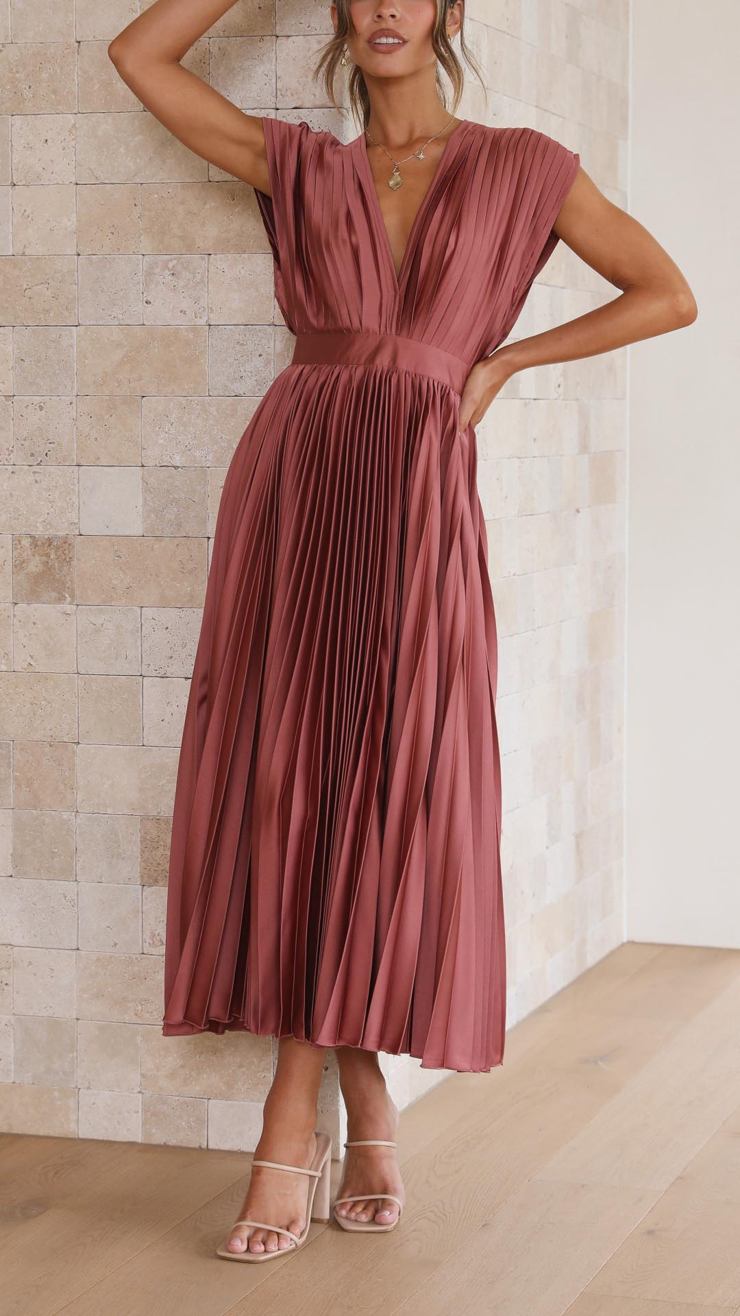 Women's Flowing Pleated Maxi Dress – Sleeveless Formal Occasion Dress
