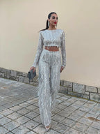 Women's Sequin Party Pants Set – Cropped Top & High Waist Pants Set