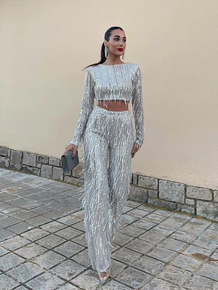 Women's Sequin Party Pants Set – Cropped Top & High Waist Pants Set