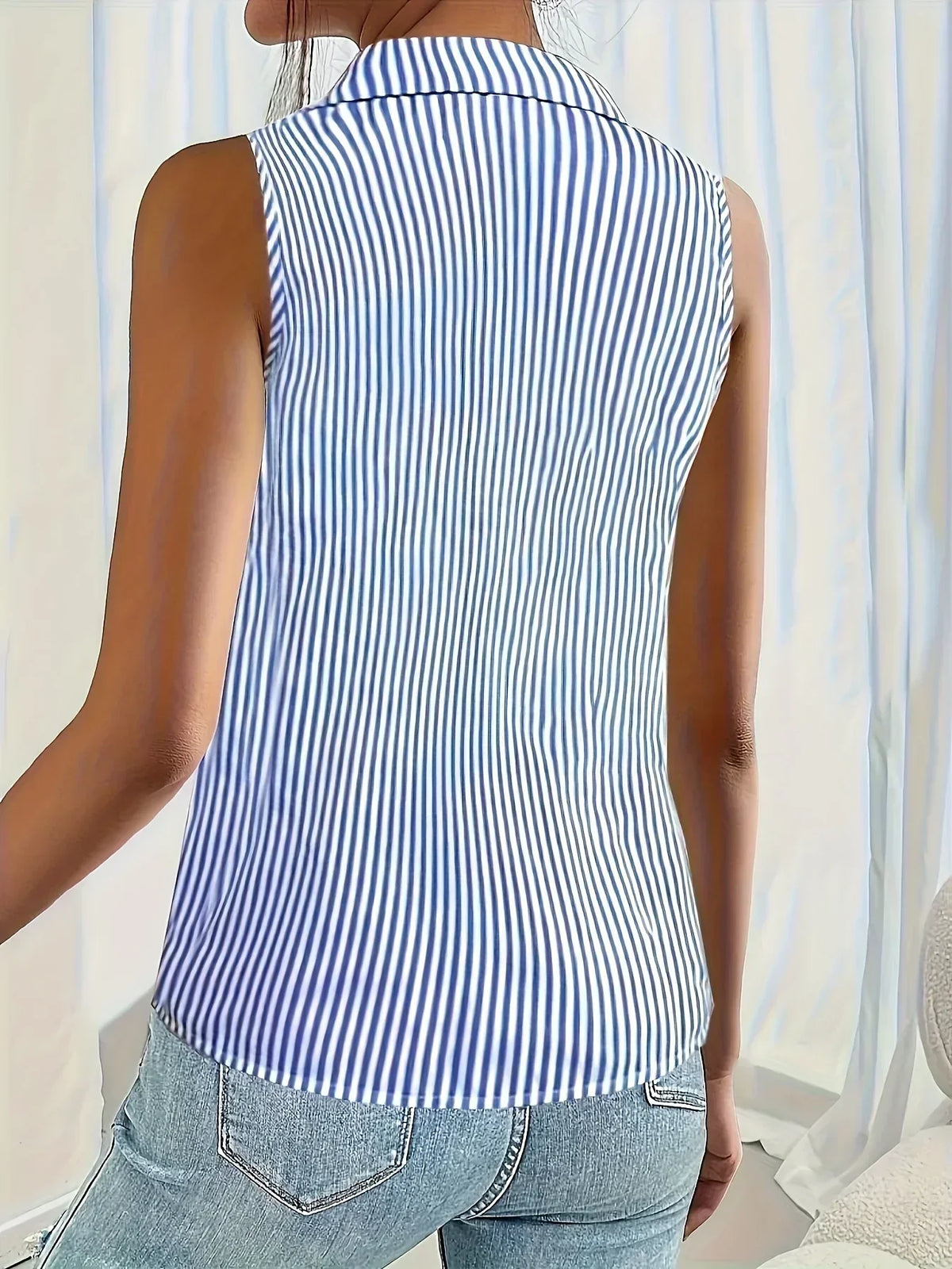 Women's Striped Sleeveless Blouse – Collared Button Front Blouse