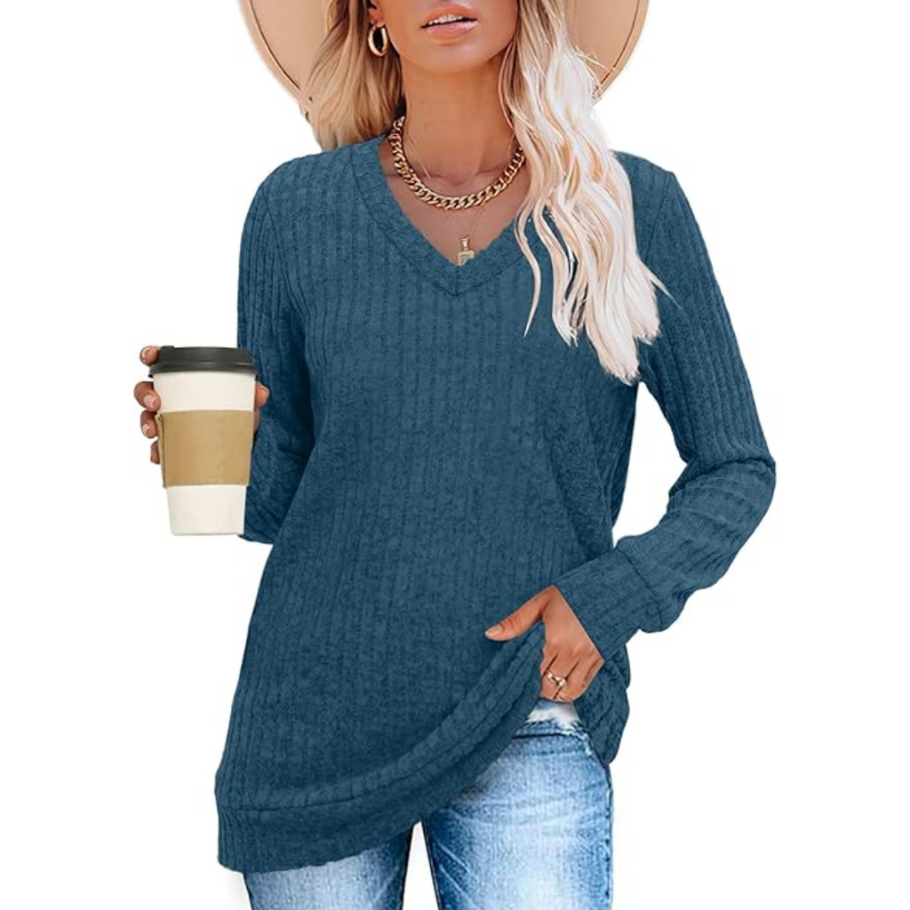 Women's V-Neck Longline Sweater – Lightweight Tunic Knit Sweater