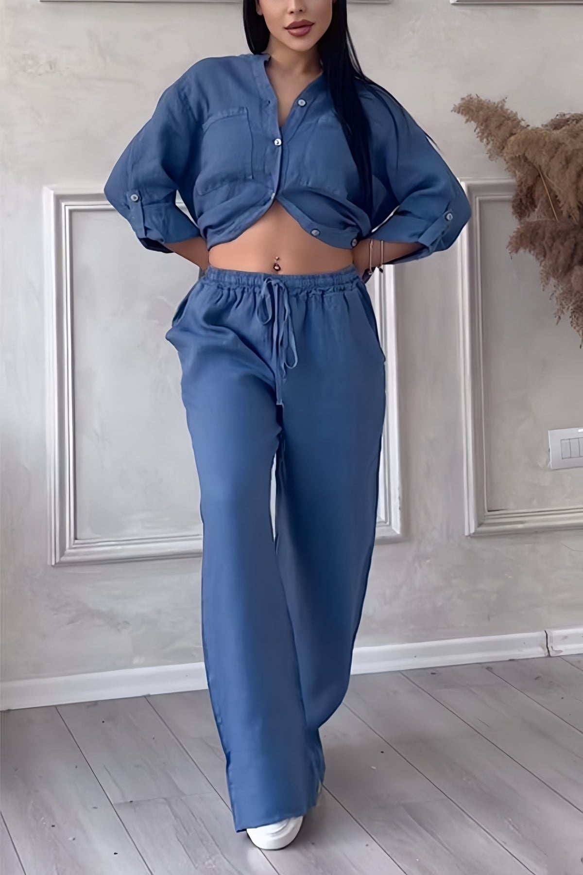 Women's Relaxed Blouse Pants Set – Long Sleeve Top & Wide Leg Trousers