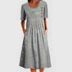 Women's Striped Midi Dress – Three-Quarter Sleeve Flowy Day Dress
