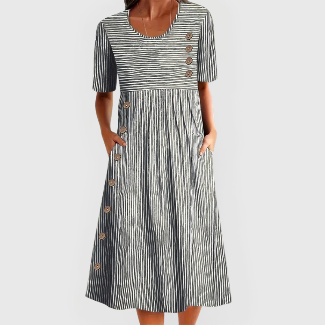 Women's Striped Midi Dress – Three-Quarter Sleeve Flowy Day Dress