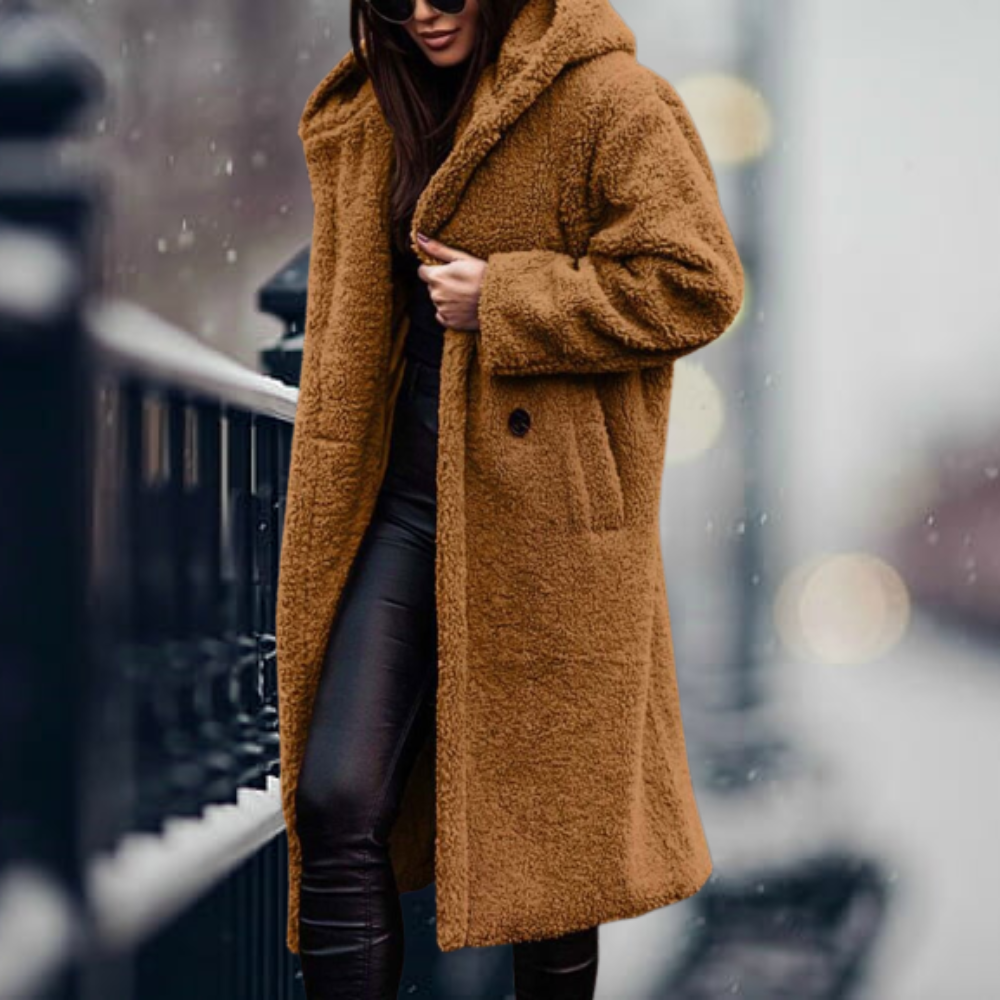 Women's Fluffy Hooded Winter Coat – Relaxed Longline Cold Weather Coat