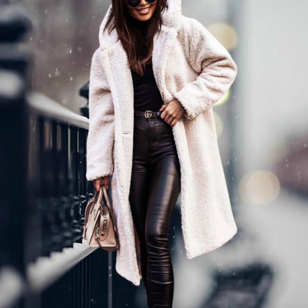Women's Fluffy Hooded Winter Coat – Relaxed Longline Cold Weather Coat