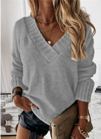 Women's Relaxed V-Neck Sweater – Oversized Long Sleeve Knit Sweater