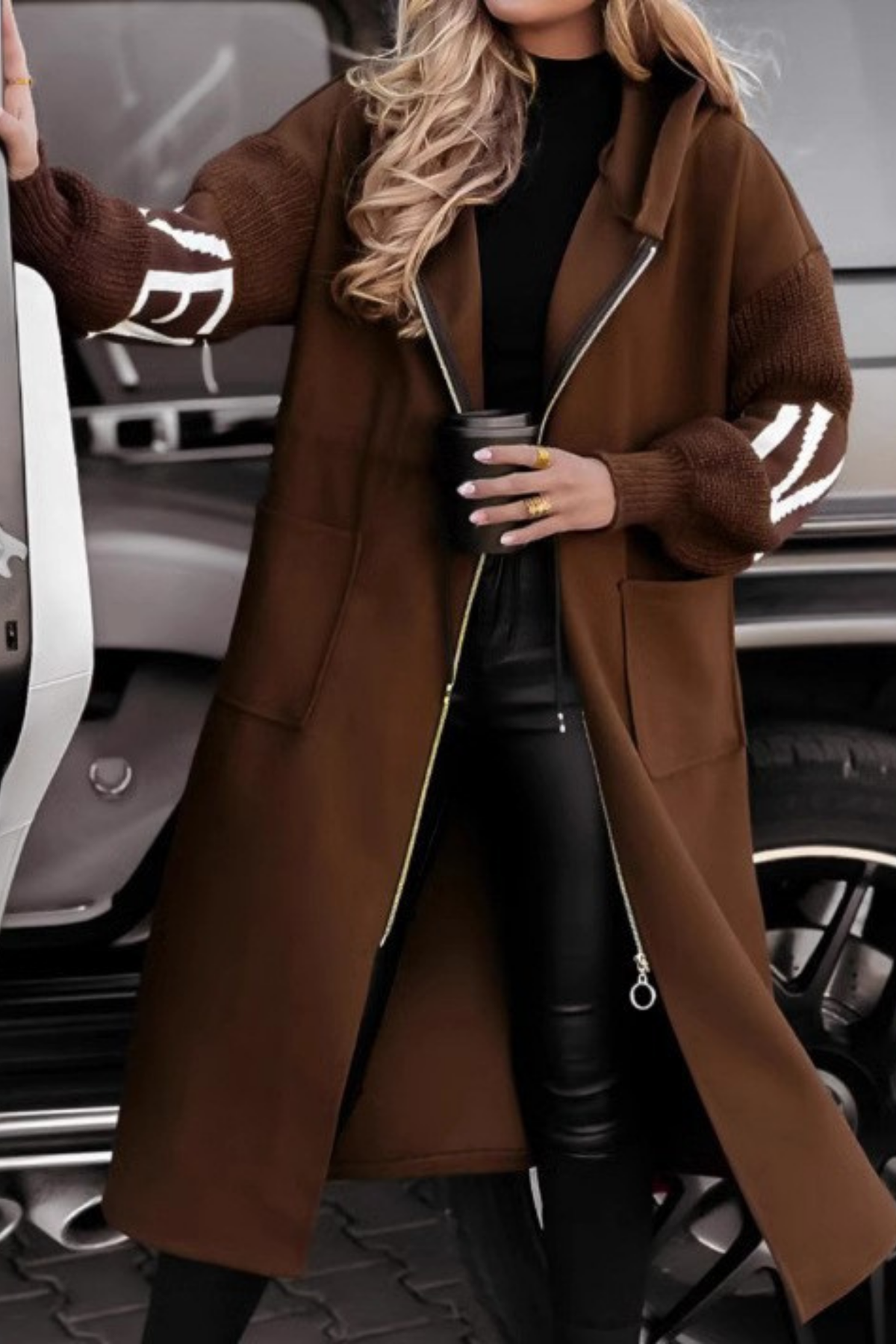 Women's Hooded Knit Sleeve Jacket – Casual Zip-Up Jacket