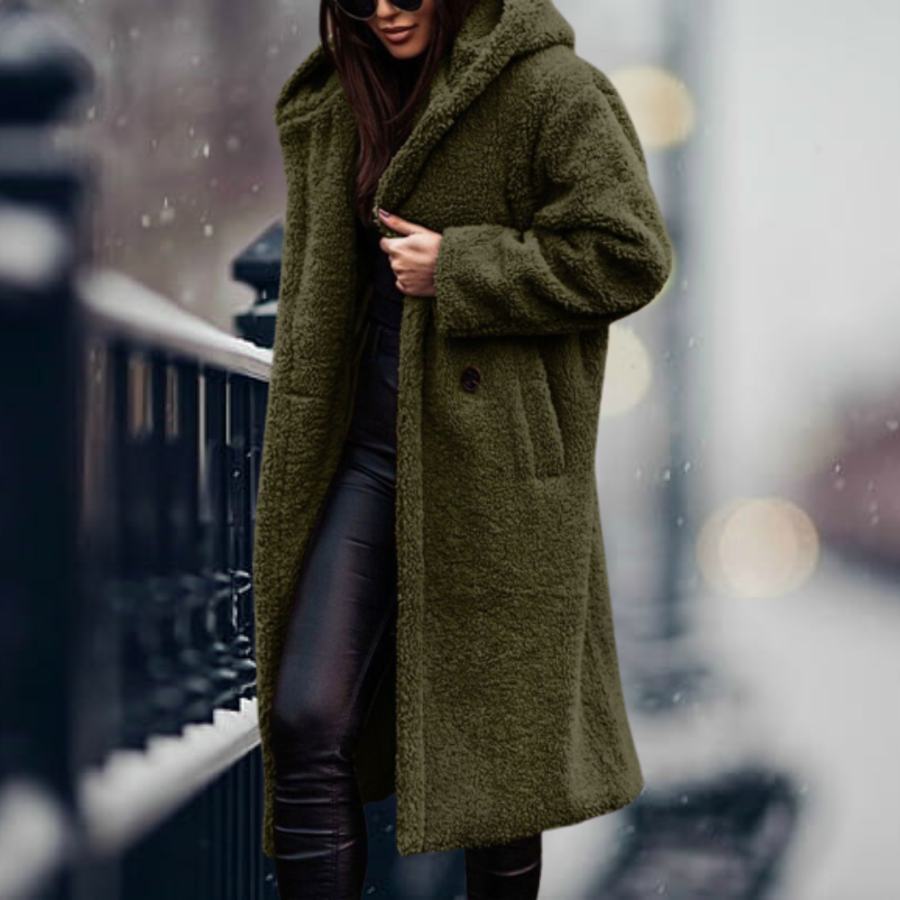 Women's Fluffy Hooded Winter Coat – Relaxed Longline Cold Weather Coat