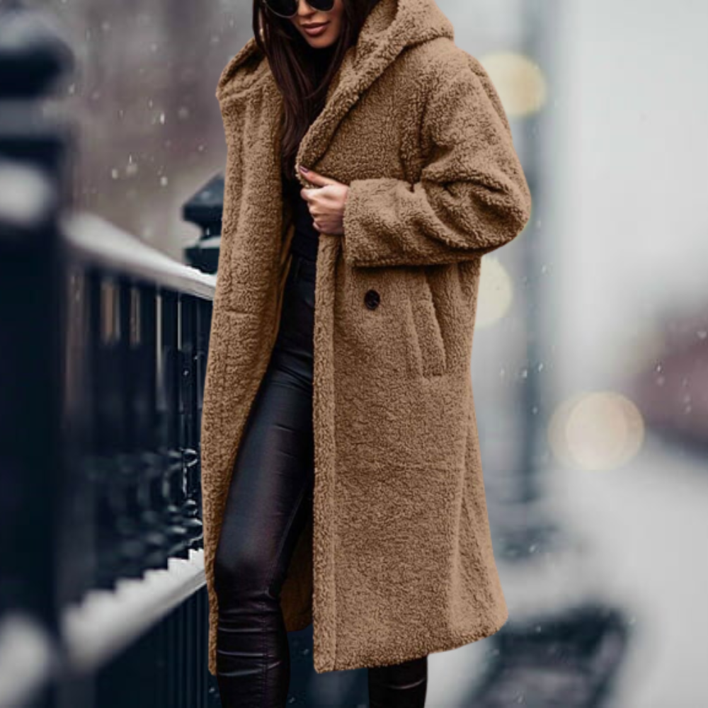 Women's Fluffy Hooded Winter Coat – Relaxed Longline Cold Weather Coat
