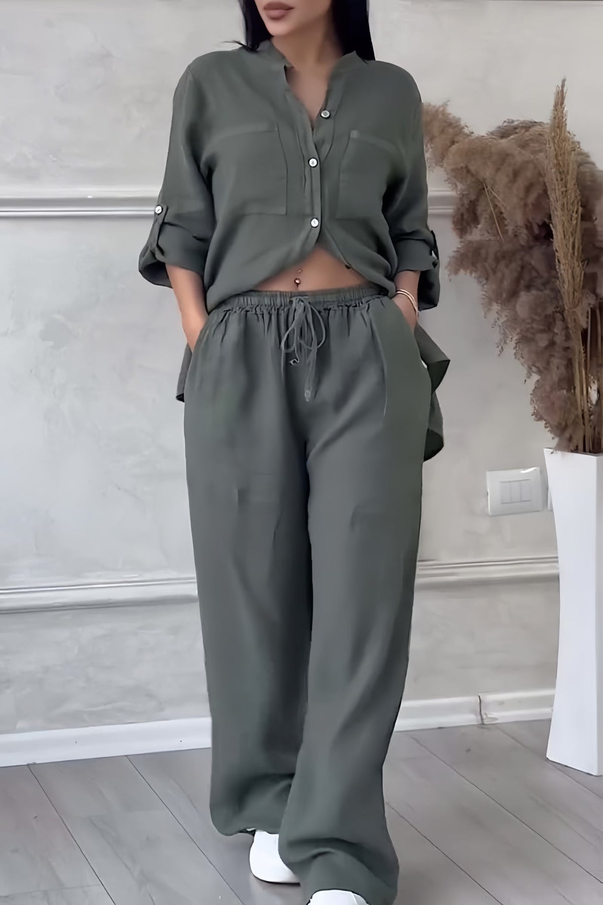 Women's Relaxed Blouse Pants Set – Long Sleeve Top & Wide Leg Trousers