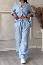 Women's Relaxed Blouse Pants Set – Long Sleeve Top & Wide Leg Trousers