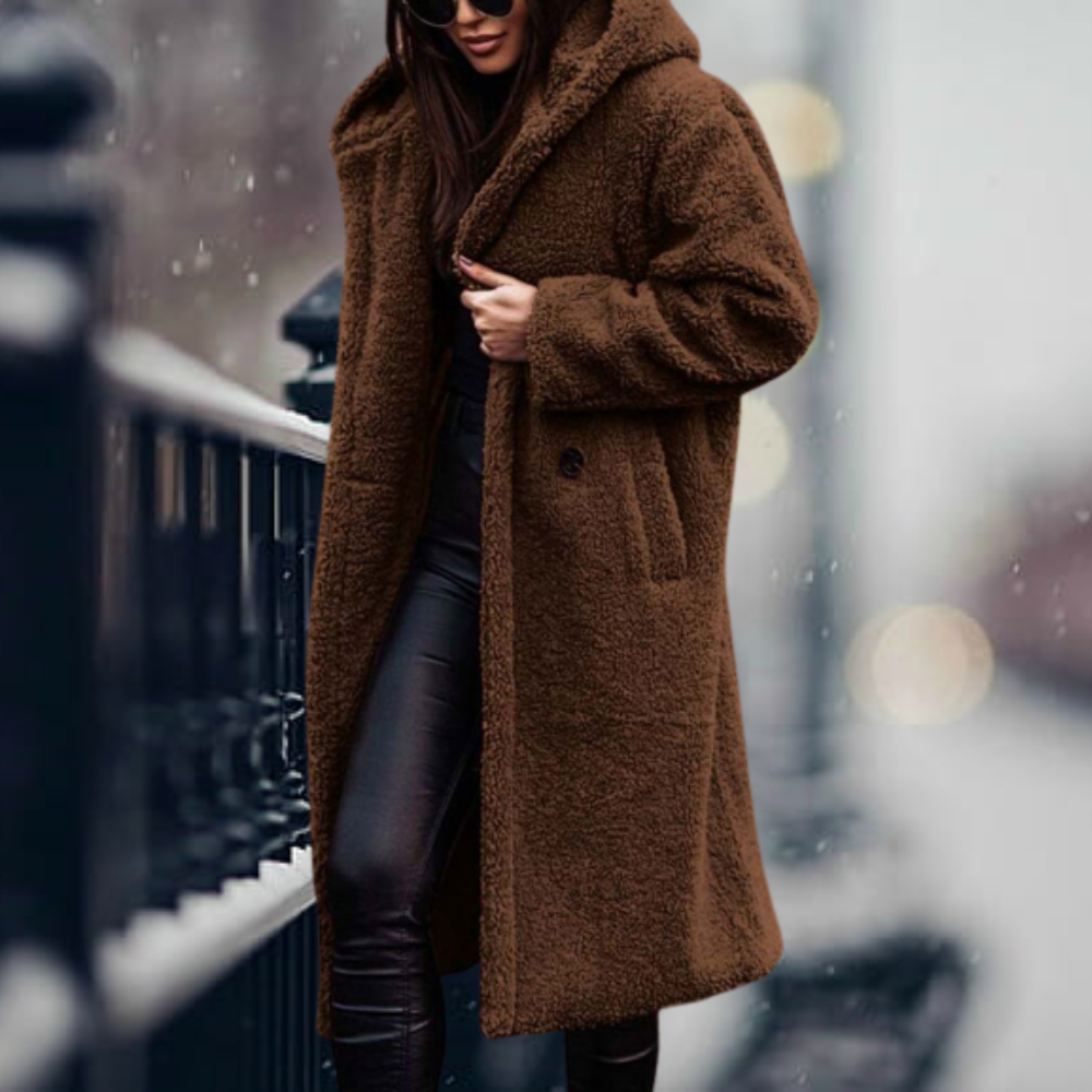 Women's Fluffy Hooded Winter Coat – Relaxed Longline Cold Weather Coat