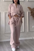 Women's Relaxed Blouse Pants Set – Long Sleeve Top & Wide Leg Trousers