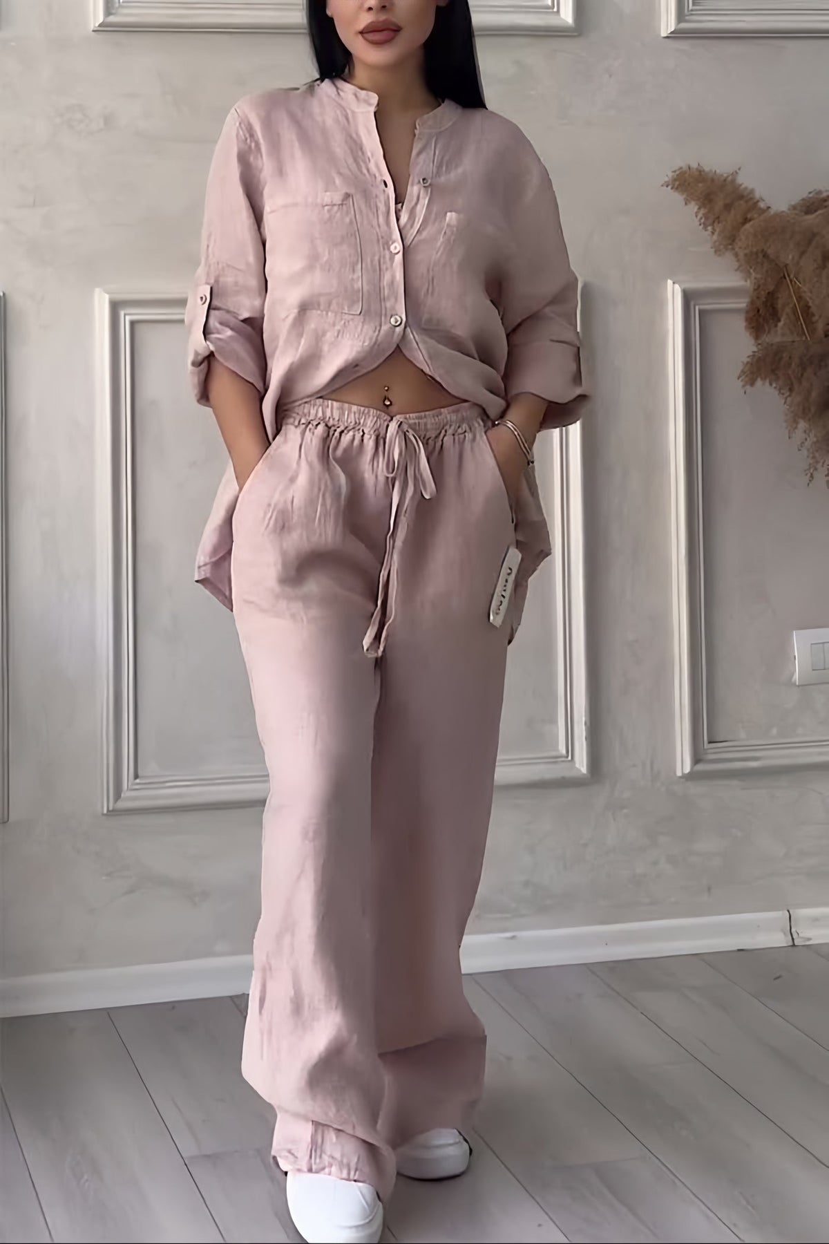 Women's Relaxed Blouse Pants Set – Long Sleeve Top & Wide Leg Trousers