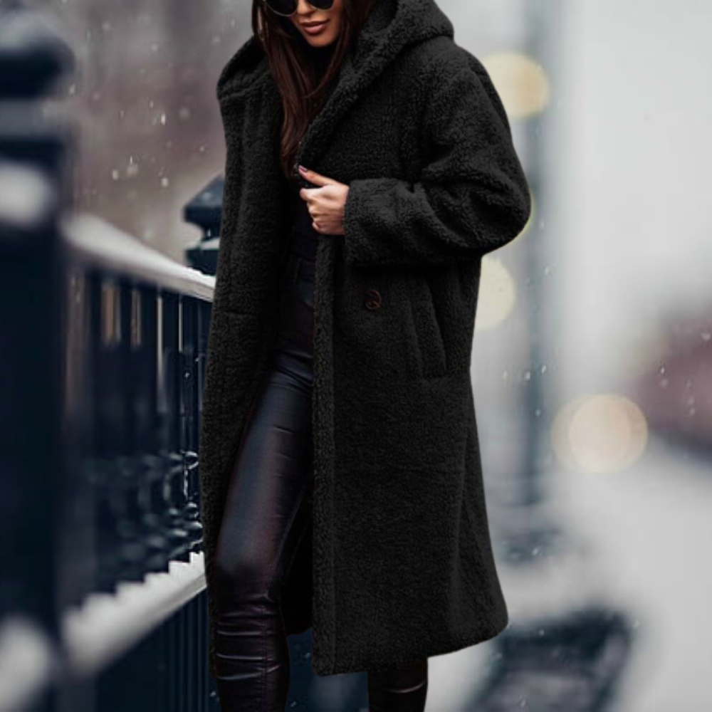 Women's Fluffy Hooded Winter Coat – Relaxed Longline Cold Weather Coat