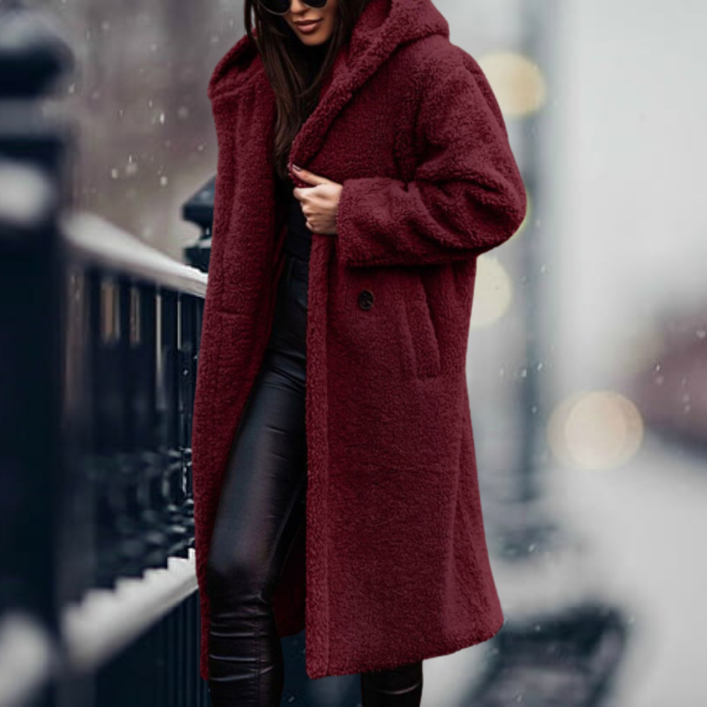 Women's Fluffy Hooded Winter Coat – Relaxed Longline Cold Weather Coat