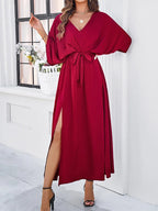 Women's Deep V-Neck Maxi Dress – Tie Waist Side Slit Evening Dress