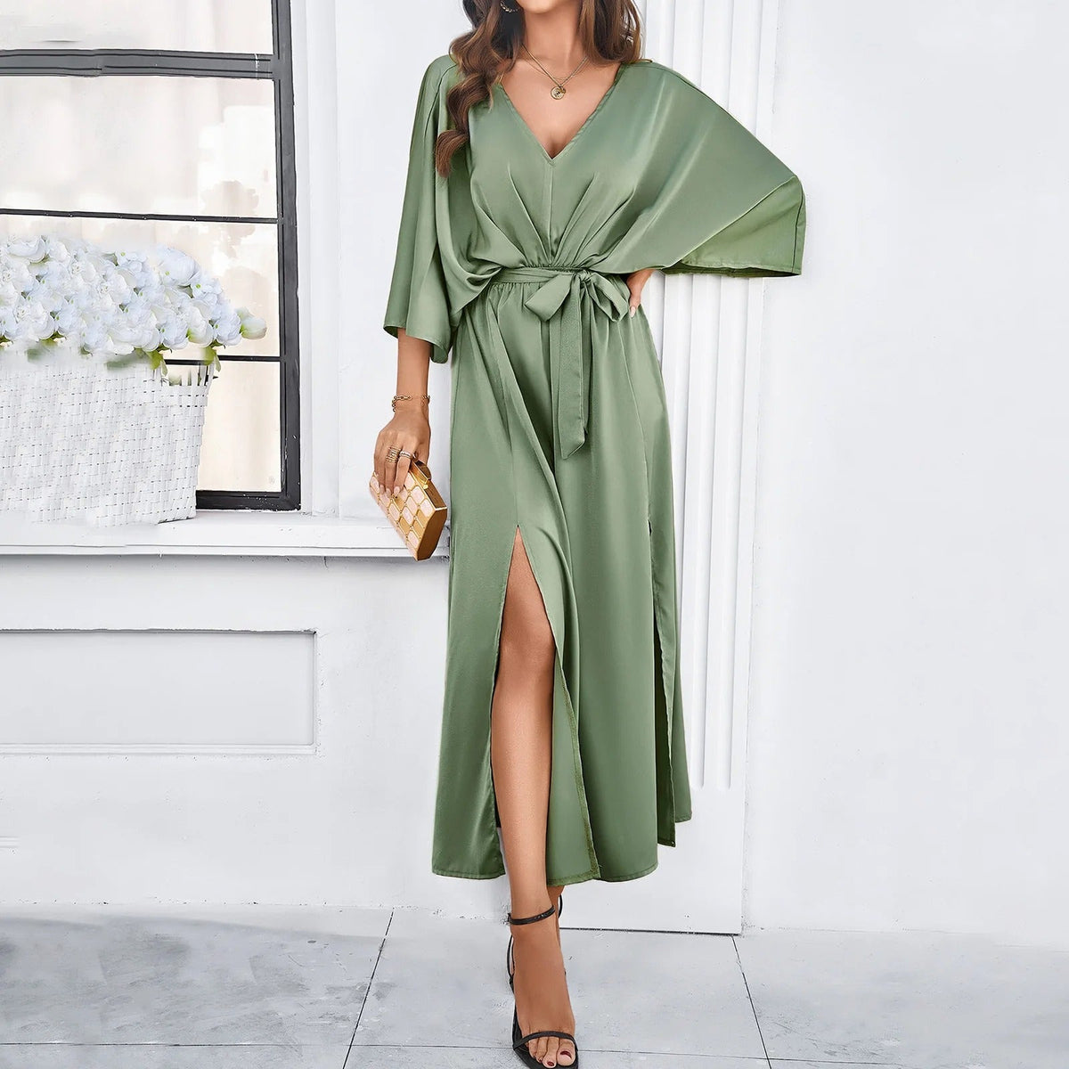Women's Deep V-Neck Maxi Dress – Tie Waist Side Slit Evening Dress