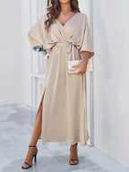 Women's Deep V-Neck Maxi Dress – Tie Waist Side Slit Evening Dress