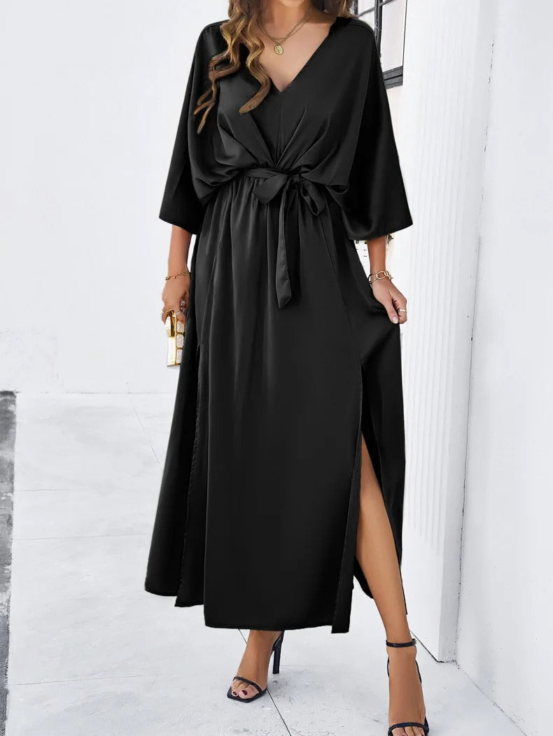 Women's Deep V-Neck Maxi Dress – Tie Waist Side Slit Evening Dress