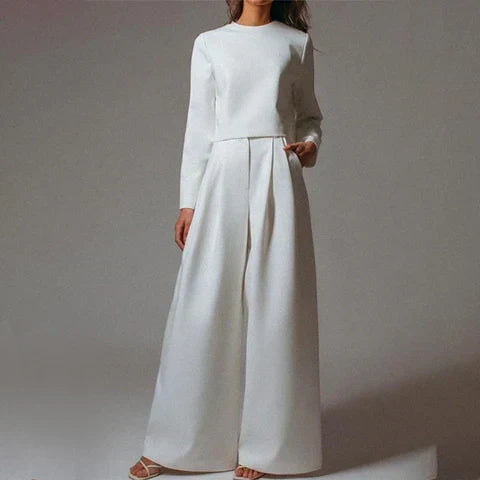 Women's Wide Leg Tailored Pants Set – Straight Top Matching Two Piece Set