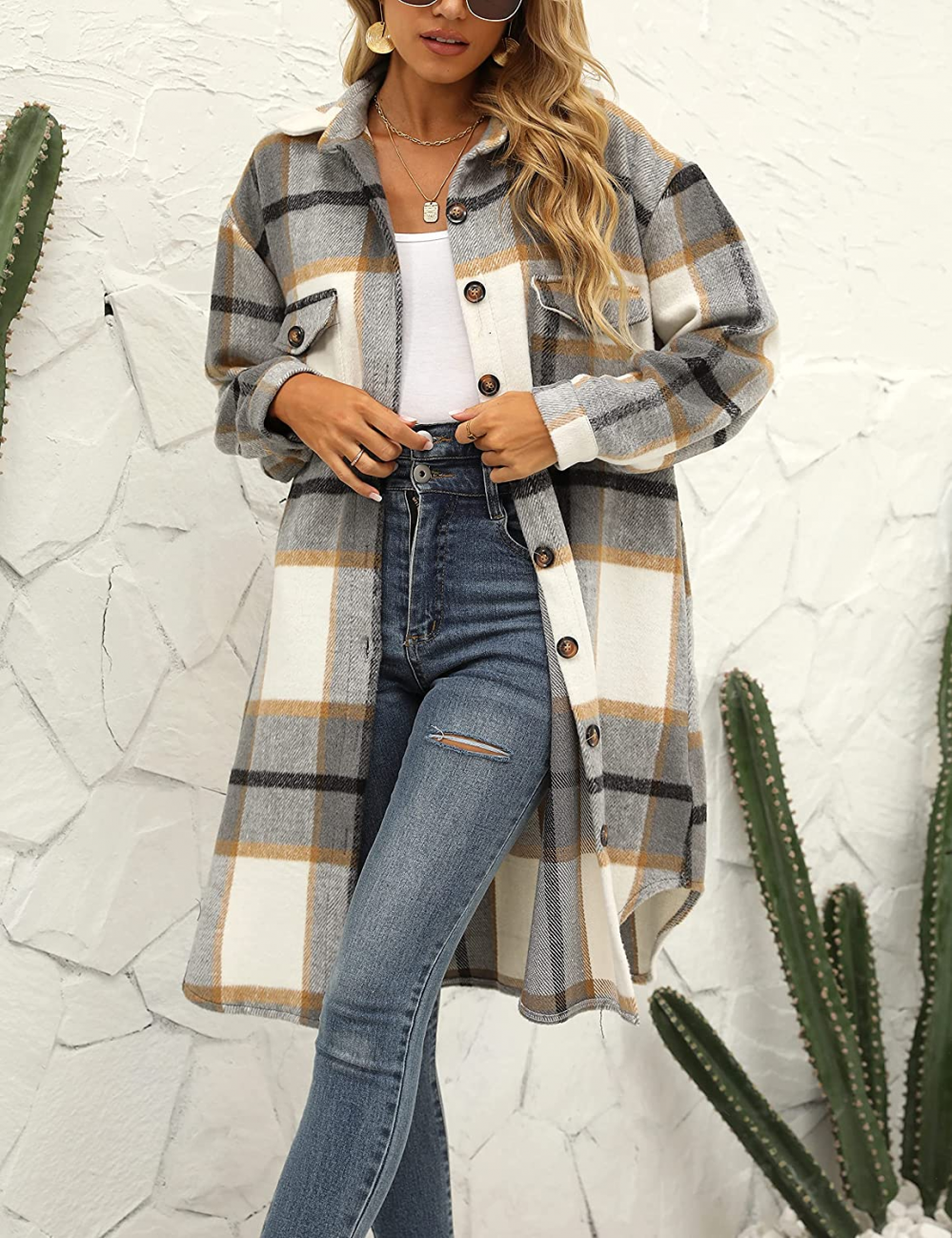 Women's Plaid Winter Coat – Relaxed Long Button Front Overcoat