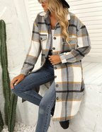 Women's Plaid Winter Coat – Relaxed Long Button Front Overcoat